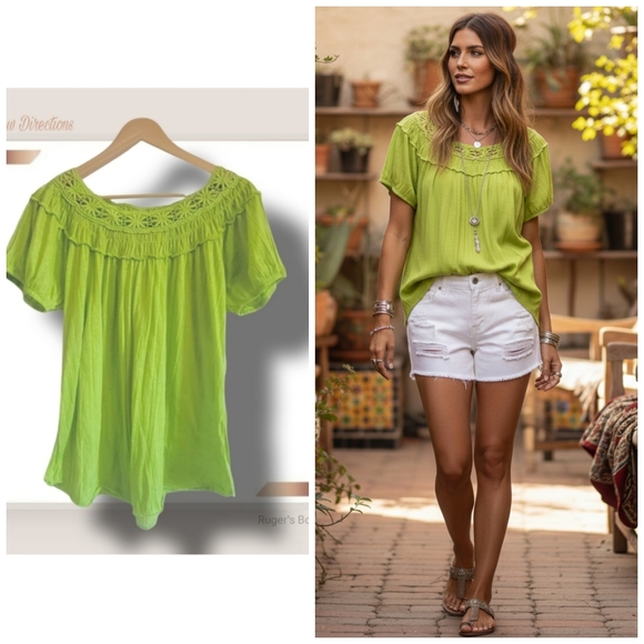 new directions Tops - 🌿New Directions Women's XL Avocado Green Lace Cut Crew Neck Puff Sleeve-Cute!!